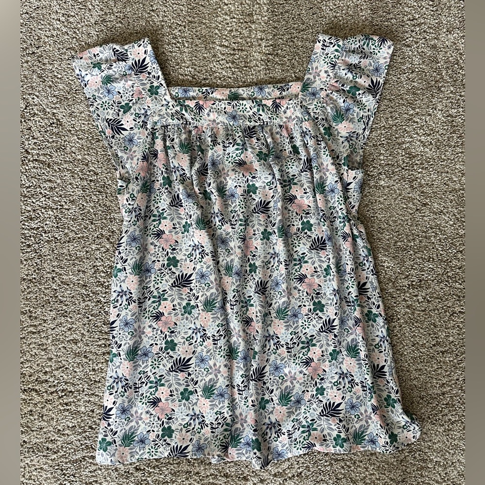 Loft square neck ruffle shoulder tank top flowy floral white pink blue